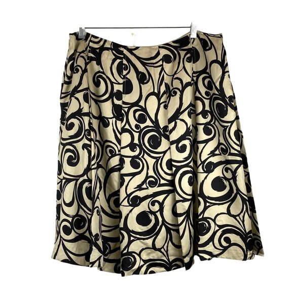 Talbots Petites Silk A-Line Pleated Skirt Black Beige Swirl Print Flowy Lined 16 - Picture 2 of 6